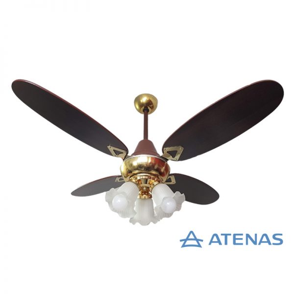 Ventilador de Techo Madera Ovalada Wengue Dorado con Araña 3 Luces Fijas - Atenas