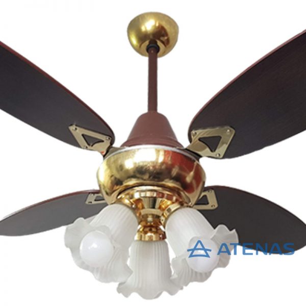 Ventilador de Techo Madera Ovalada Wengue Dorado con Araña 3 Luces Fijas - Atenas